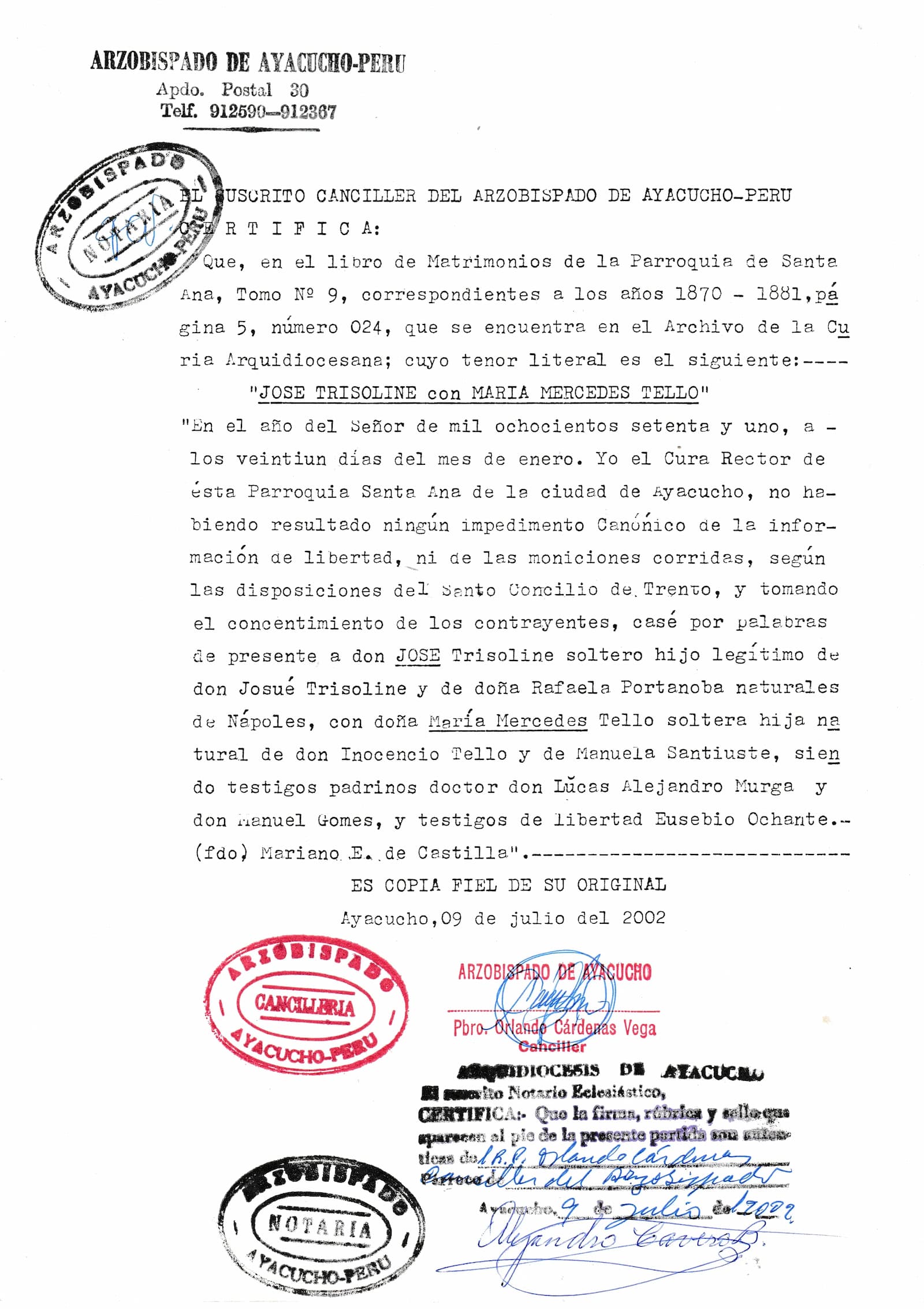 Partida de Matrimonio de Giuseppe Trisolini
